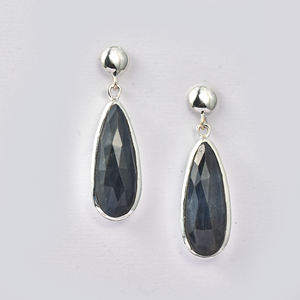 925 Sterling Natural Black Sapphire Stone <b>Solid</b> <b>Silver</b> Earrings for Women Long Studded Dangling Earrings for Parties from India - Product Image 2