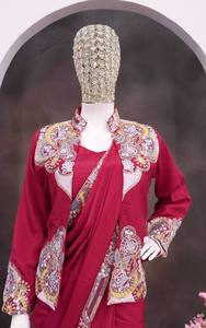 Conjunto de Saree Tradicional de Verano de Lujo 2026, Listo para Usar, con Chaqueta Blazer Bordada, Pantalón Indo-Occidental de Diseñador, para Bodas - Product Image 5