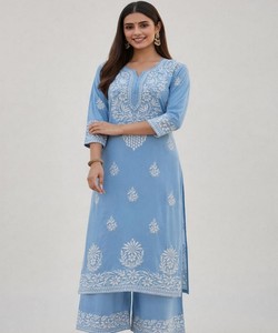 ชุดคุร์ตีปักลายผ้าฝ้ายสุดฮิต พร้อมกางเกงปาลาซโซ สไตล์ลำลอง ราคาขายส่ง เสื้อผ้าชาติพันธุ์ สีฟ้า - Product Image 3