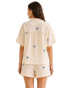Ensemble de pyjama pour femmes personnalisé, imprimé beige, manches courtes, boutonné, vêtements de nuit doux et respirants, vêtements de détente décontractés pour l'été - Product Image 2