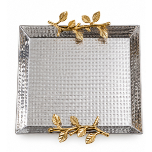 Plateau de service ovale décoratif en acier inoxydable de luxe, bicolore, poli miroir, avec poignée en forme de branche dorée, pour la vente en gros - Product Image 4