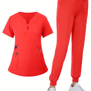 Ensemble de Blouse et Pantalon Médical Femme Rouge Haute Qualité 2026 en Coton et Polyester Tricoté, Col en V, Fermeture Éclair sur le Devant, avec Poches - Product Image 1