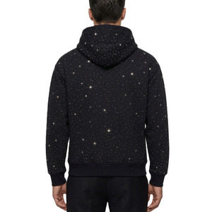 เสื้อฮู้ดผู้ชายประดับเพชรเทียม 400 GSM เสื้อฮู้ดวิบวับสำหรับผู้ชาย สีดำ สตรีทแวร์ แบบสวมหัว ผลิตตามสั่ง OEM แฟชั่น - Product Image 3