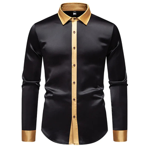 Men's Navy Blue Gold Color Blocked Satin <b>Dress</b> Shirt Full Sleeve Turn-down Collar Formal Style - Product Image 2