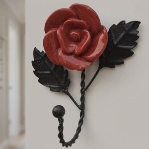 Vintage Metal Rose Flower Wall <b>Hook</b> With <b>Black</b> Leaves And Twisted Stem For Clothing Storage - Product Image 1