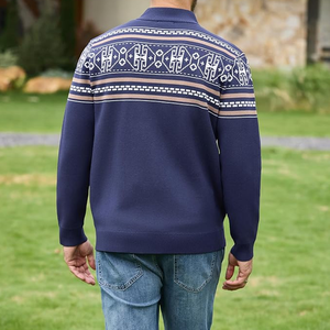 Cárdigan de punto con cremallera para hombre, suéter de invierno de manga larga con estampado geométrico, azul marino - Product Image 2