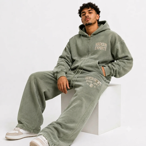 Conjunto Deportivo VOCKSIN para Hombre, Sudadera con Capucha Extra Grande Color Verde Salvia y Pantalones Anchos, 100% Algodón, Forro Polar Transpirable para Invierno - Product Image 2