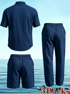 2026 Summer Vacation Men's Khaki 100% Cotton Satin Short Sleeve Shirt Long Pants Shorts Set Casual Beach Solid 2pcs Quick Dry - Product Image 2