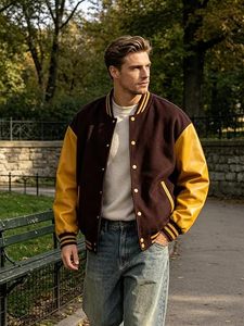 Veste universitaire unisexe orange d'hiver avec manches en cuir PU noir, col rond, double boutonnage, logo frontal, boutons, capuche, coupe-vent - Product Image 4