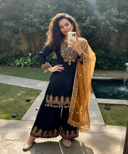 DESIGNER CHINON SILK SEQUENCE & ZARI EMBROIDERY WORK HANDMADE COIN LACE BORDER WORK <b>TOP</b> PALAZZO WITH DUPATTA 84089 BLACK - Product Image 2