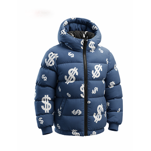 Blouson matelassé bleu à imprimé dollar pour homme, à capuche, streetwear d'hiver, coupe musculation, fermeture éclair, 300 grammes, imperméable, service OEM - Product Image 5