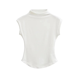 เสื้อยืดถักคอสูงแขนกุดสำหรับผู้หญิงทรงเข้ารูปสีทึบเสื้อลำลอง - Product Image 1