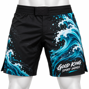 Shorts Tidal Wave Noir Teal Foam Splash Illustration Crested Swell Asymmetric Layout Cross Stitch Tab Slit Cuff Gents Activewear - Product Image 1