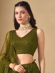 Traditional Georgette Lehenga Choli Resham <b>Sequins</b> Embroidered Evening Dress for Wedding Party Women - Product Image 1