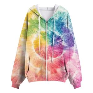 Kangaroo Pocket Tie <b>Dye</b> Zip Up Hooded Sweatshirt Women Full Sleeve Regular Fit Rainbow Pattern Polyester <b>Material</b> Casual Wear - Product Image 1