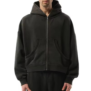 Sudadera con capucha y cremallera bordada OEM para invierno, personalizada al por mayor, para hombre, con bolsillo lateral, estilo corto, 400 g/m², 100% algodón, Drop - Product Image 5
