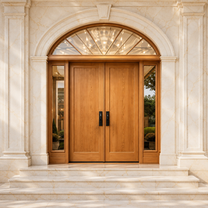 Porte d'entrée double en bois massif avec panneau de verre cintrée et éclairages latéraux, porte extérieure battante minimaliste, surface finie pour villa - Product Image 1