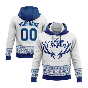 Sweat-shirt à capuche personnalisé avec numéro et nom, motif renne de Noël, pour homme, blanc et bleu, tricoté, pull d'hiver avec poche, impression par sublimation - Product Image 1