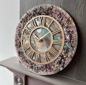 Round Resin Casting Wall <b>Clock</b> Purple Crystal Look <b>Roman</b> Numeral Decorative Timepiece Modern Home Decor - Product Image 4