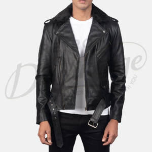 Veste de motard en cuir noir premium pour homme, en véritable peau de mouton, avec fermeture éclair asymétrique et col en fausse fourrure amovible - Product Image 5