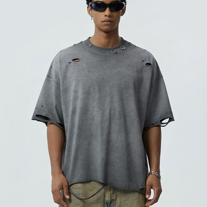 100% Cotton Oversized T-shirt Ripped Hole Distressed Metal <b>Ring</b> Accent Design Neck for Men - Product Image 2