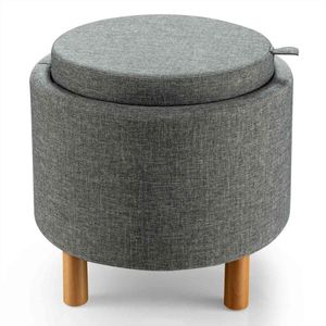 Round Bedroom <b>Storage</b> Ottoman <b>with</b> Tray and Non-Slip Pads Fabric <b>Stool</b> & Ottoman - Product Image 1