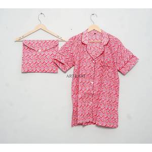 Ensemble de pyjama court pour femme 100 % coton indien doux, respirant et léger, idéal printemps/été, avec logo frontal, séchage rapide, personnalisable - Product Image 1
