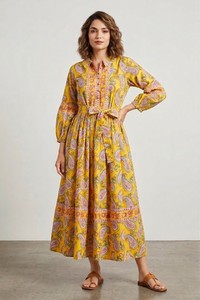 Indian Hand Block Printed Cotton Paisley Maxi Dress - <b>Boho</b> Tiered <b>Shirt</b> Dress with Matching Belt. - Product Image 2