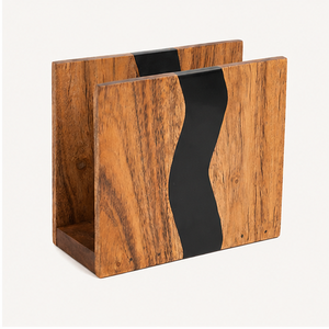 Porte-serviettes en bois d'acacia artisanal et résine époxy noire, design moderne rustique effet rivière, distributeur de serviettes en papier pour la maison et les restaurants - Product Image 2