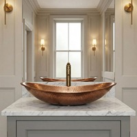 Évier en cuivre fait main avec finition martelée, à poser sous plan, à cuve unique, rond, design moderne et durable, surface polie