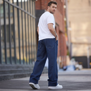 Men's Wide Leg High <b>Waist</b> Dark Blue Denim <b>Jeans</b> Loose Fit Casual Style 100% Cotton Button Fly Solid Color Midweight Woven - Product Image 3