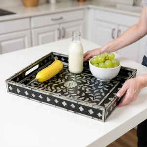Plateau de service artisanal en nacre noire et blanche, incrusté de coquillages, plateau décoratif pour la maison, l'hôtel, le restaurant - Product Image 2
