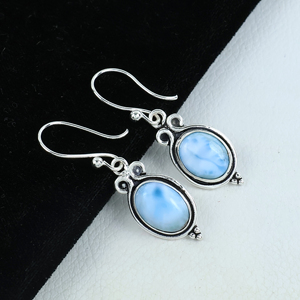 Pendientes Colgantes de Larimar del Caribe, Plata de Ley 925, Hechos a Mano, con Piedra Azul Ovalada, para Mujer - Product Image 2