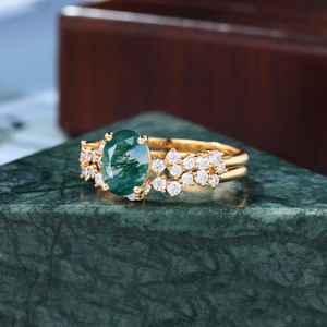 Ensemble de bagues de fiançailles ovales en agate mousse avec grappe de moissanite, style vintage, pour femme, bijoux fins OEM ODM - Product Image 1