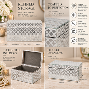 Ivory Silver <b>Mirrored</b> Glass Jewelry <b>Storage</b> Box <b>with</b> Geometric Pattern Soft Lining Decorative Keepsake and Vanity Organizer - Product Image 6