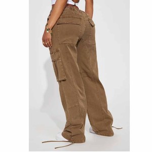 Women's <b>High</b> <b>Waist</b> <b>Cargo</b> Pants Solid Color Loose Fit Full Length With Pockets Drawstring Closure Canvas Material Casual Style - Product Image 3