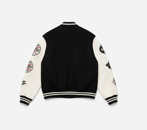 Veste universitaire premium pour homme, noire et blanche, avec patchs brodés, en laine et cuir, style Letterman, avec patchs en chenille brodés - Product Image 2
