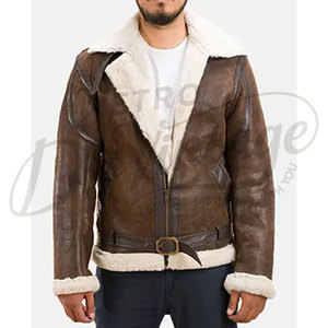 Veste aviateur en peau de mouton marron de qualité supérieure pour homme, doublée de fausse fourrure blanche, veste de pilote d'hiver avec ceinture à la taille - Product Image 5