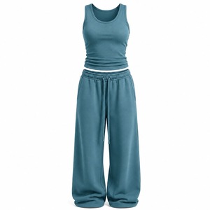 Casual Fashion Sports Tank Top & Sweatpants <b>Set</b> Oversized Wide Leg Lounge Wear Soft Cotton Casual Two Piece Outfit Winter - Product Image 2