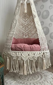 Sillón colgante de macramé color crema con cojines rosas, Hängesessel, Silla columpio, Silla mecedora de macramé - Product Image 2
