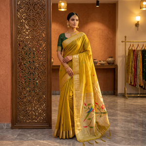 Sari en coton avec broderies florales et zari en forme de paon, style traditionnel indien et pakistanais pour femmes, avec grand pallu, idéal pour les mariages. - Product Image 3