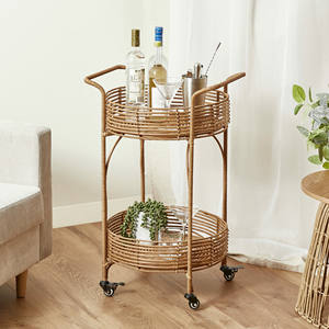 Chariot à boissons classique en rotin naturel couleur or, chariots de service de boissons de luxe, chariots de service alimentaire - Product Image 1