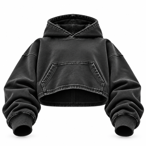 Washed Black Cropped Hoodie <b>Pullover</b> <b>Men</b> Solid 100% Cotton Regular Fit Pocket Casual Winter Wear - Product Image 4