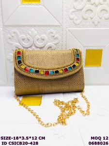 Pochette de soirée en jute faite à la main avec embellissement en pierres multicolores |   Sac à bandoulière pour femme avec chaîne - Product Image 4