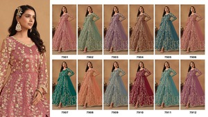 ヘビーバタフライネットのグラマラスなアナルカリ、マルチスレッド、ジャリ & スパンコールワークセミステッチ、完全に刺繍されたバック - Product Image 6