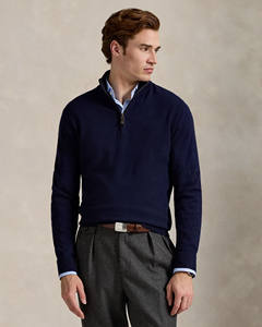 Suéter de punto premium azul para hombre con media cremallera, cuello alto, estilo casual elegante, para negocios y uso urbano, venta al por mayor - Product Image 1