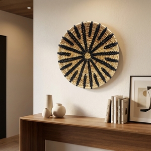 Cesta de pared de macramé de corteza de plátano natural, bandeja redonda poco profunda con diseño de estrella radial y sol negro, decoración de habitación de arte puro, cesto de artesanía boho - Product Image 5