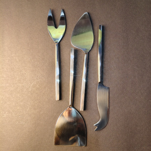 4-Piece Slim-<b>Handle</b> Artisan Cheese Set Pronged fork, heart-shaped knife, flat <b>shovel</b>, and spreader with slim, organic <b>handles</b>. - Product Image 2
