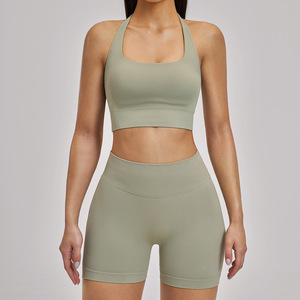 Ensemble de yoga uni pour femme, legging taille haute et crop top, sans couture, en Spandex et Polyester, 2 pièces, tenue de sport, col licou, fitness - Product Image 5