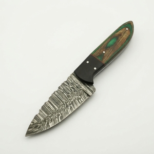 Couteau EDC à lame fixe en acier Damas, forgé à la main, manche en bois Pakka vert et Micarta noire, couteau utilitaire pour camping et bushcraft, vente en gros - Product Image 1